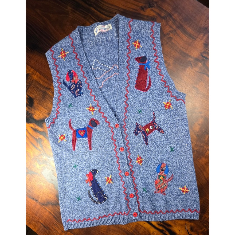 COASTAL GRANDMA KNIT DOG Patchwork SWEATER VEST Vintage UNISEX EMBROIDERED
